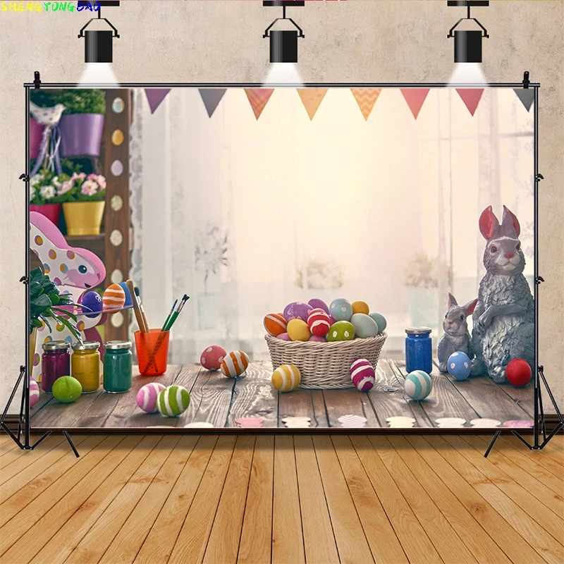 Spring Easter Wood Door Photography Backrops Flower Bunny Egg Kid Birthday Party Portrait Decor Backdrop Photo Background LG-02