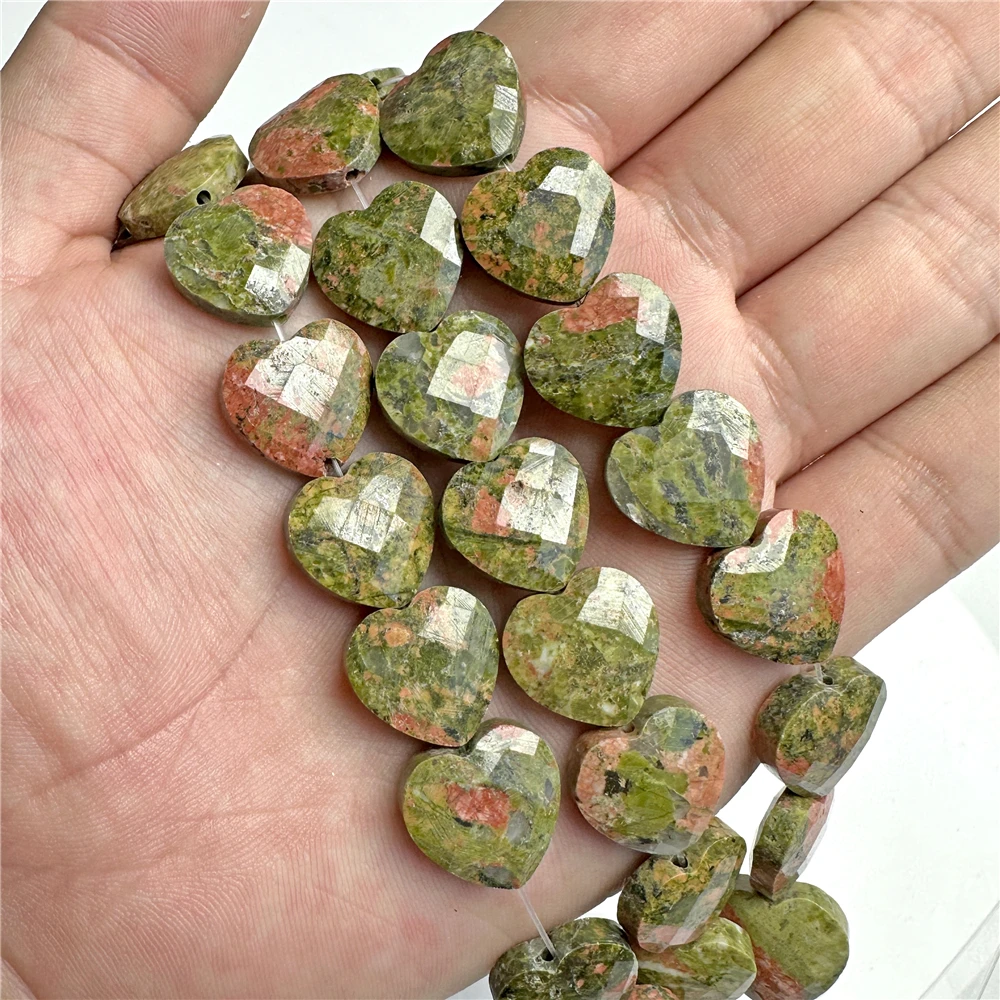 Natural Unakite Pendant Beads Flat Love Heart Faceted Stone Bead Healing Reiki Beads for DIY Bracelet Necklace Earrings 15*15mm