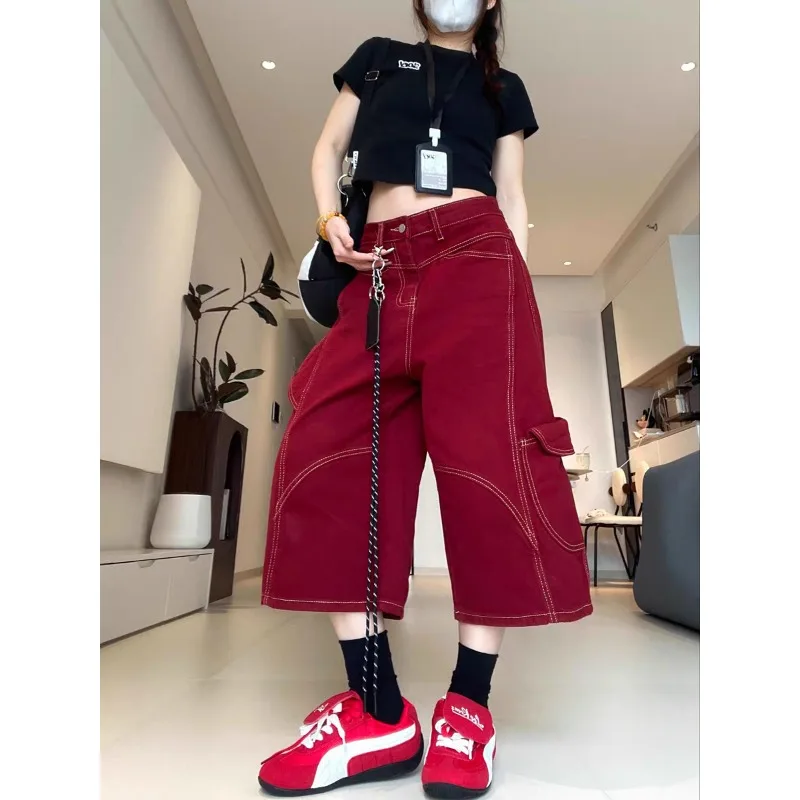 カジュアル レディース パンツ 外出用 デニム ショートパンツ アメリカン ヴィンテージ レッドステッチ ワイドレッグ 夏 ハイウエスト リラックス カーゴ クロップド