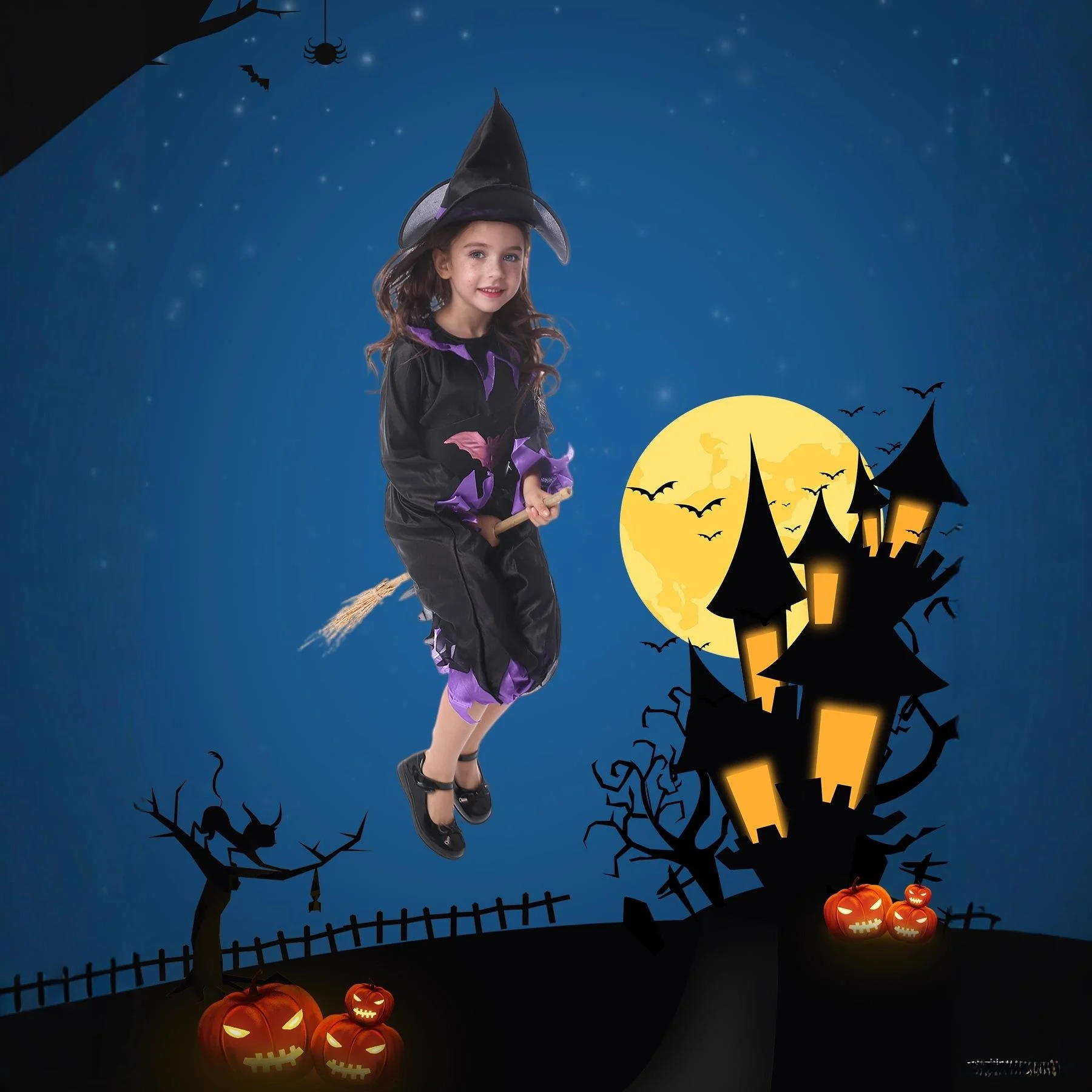 

Детский классический костюм на Хэллоуин для девочек, фиолетовая юбка летучей мыши, маленькая ведьма, игровой комплект одежды, традиционная одежда для волшебных девочек