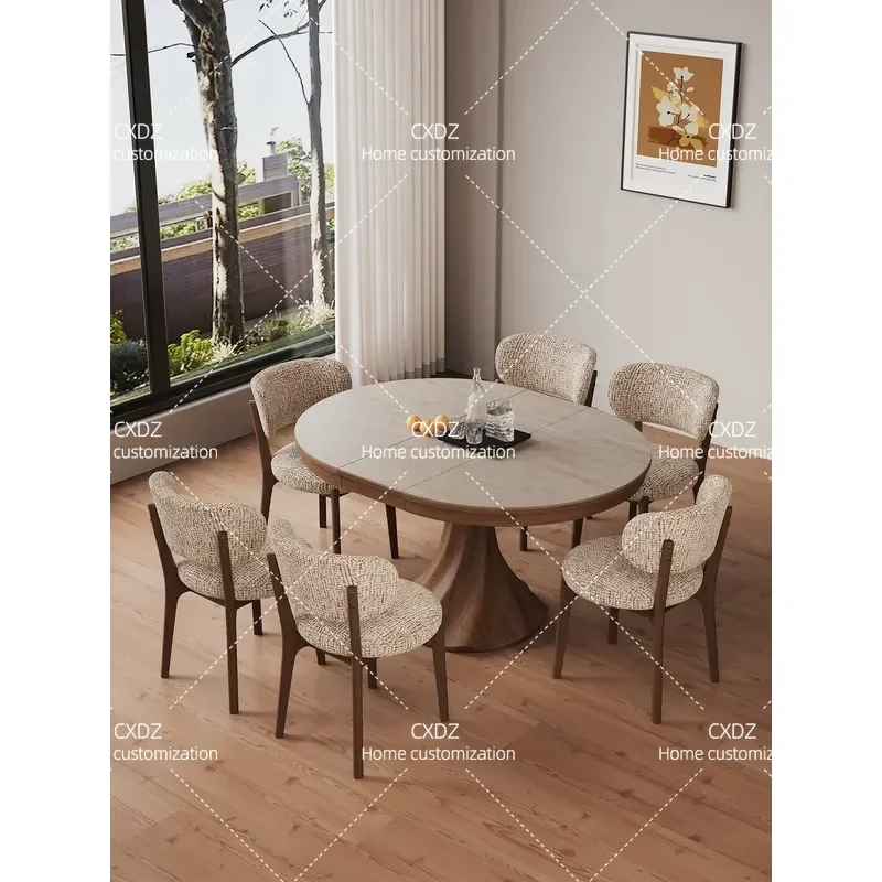 Travertine Rock Slab Solid Wood Telescopic Round Dining Table Oval Folding Extendable Walnut Table for Small Apartment