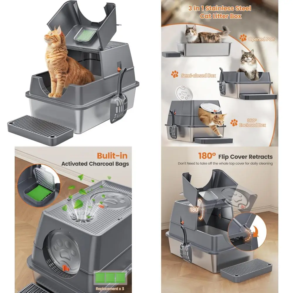 

Large Enclosed High-Sided Stainless Steel Cat Litter Box with Lid, Steps, Scoop for Easy Cleaning and Odor Control