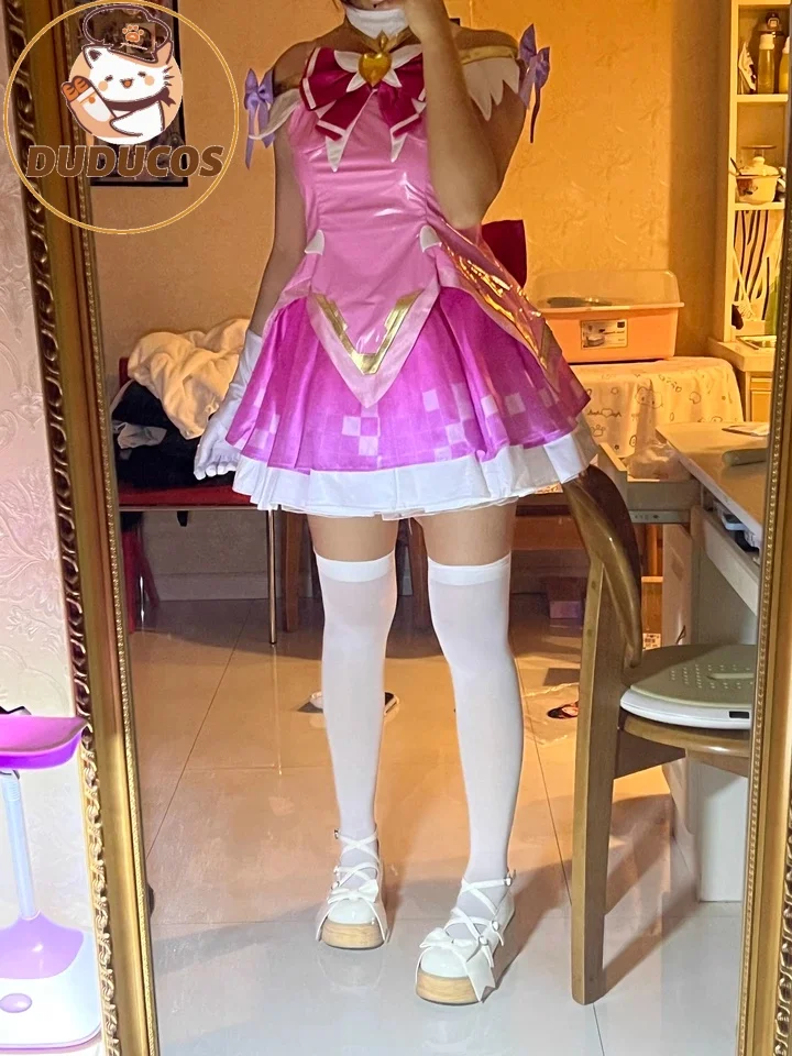 

В НАЛИЧИИ: Костюм для косплея Джун, парик блонд/персиково-розовый, короткие волосы, волшебная розовая юбка, костюм для косплея Джун из игры Overwatch