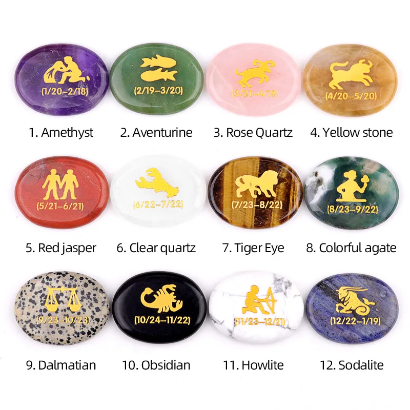 12pcs Crystal Stone Bead Set Twelve Constellations Pattern Amethyst Quartzs Energy Therapy Meditation Spiritual Decoration 34x44