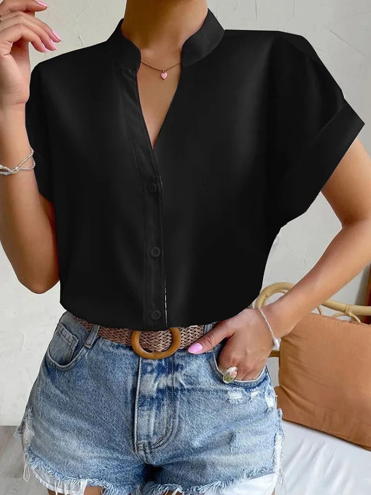 Blusa de gasa blanca para mujer, novedad de verano, camisas simples de manga corta con cuello en V, Top Vintage elegante para mujer, Top informal,