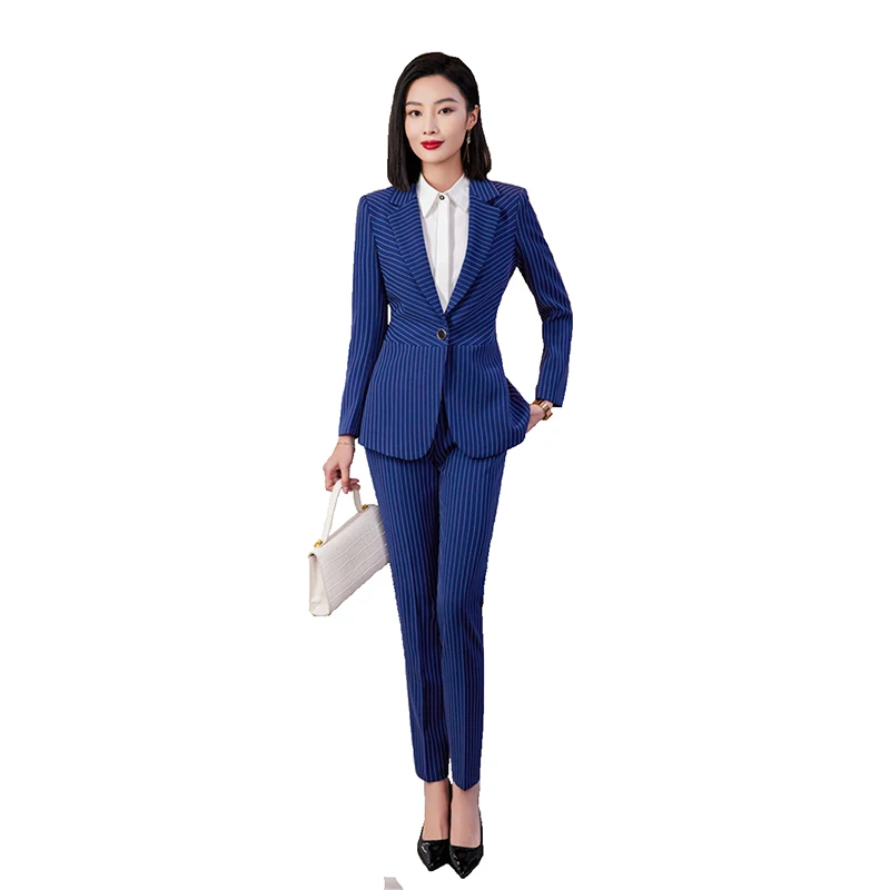 Setelan celana wanita elegan 2023 baru dalam Blazer biru + celana panjang lengan bergaris setelan Formal kantor wanita bisnis 2 potong Set