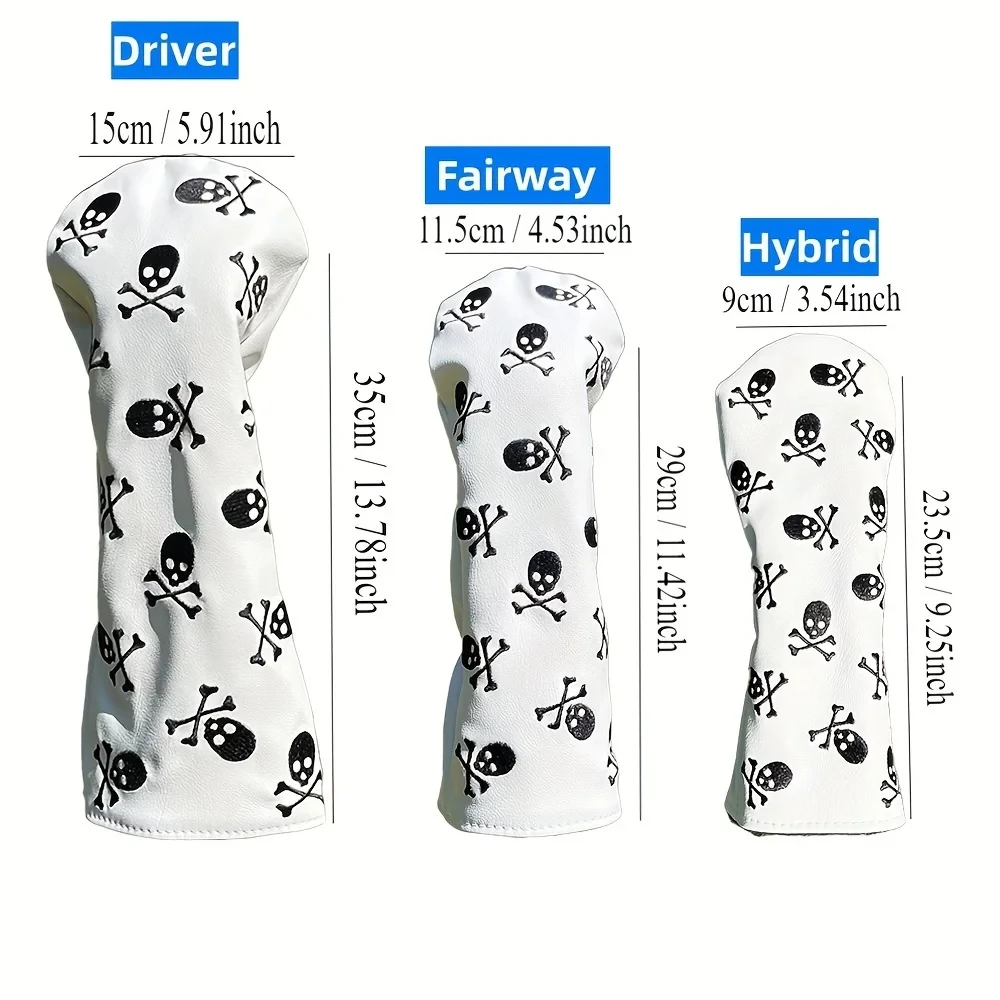 Fashionable Skull Embroidered Pattern Durable Golf Club Head Covers, For Hybrid, Driver, Fairway Wood, Golf Accessories