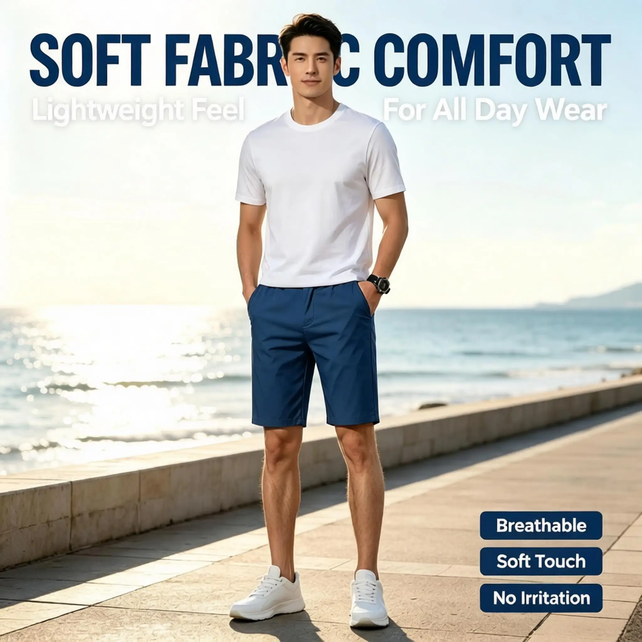 Men Cotton Solid Knee Length Bermuda Shorts Straight Chino Shorts Front Back Pockets Breathable Summer Beach Daily Casual Shorts