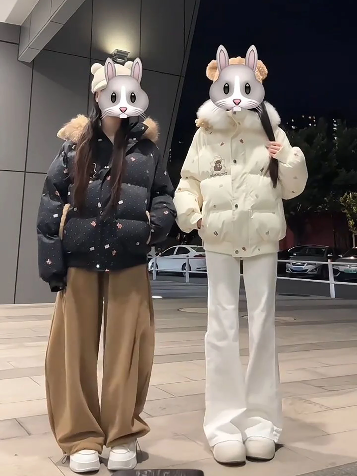 Fat Sister's Bear Print Hooded Thickened Cotton Jacket Women's Winter Outerwear Korean Style Loose Fit Warm Coat