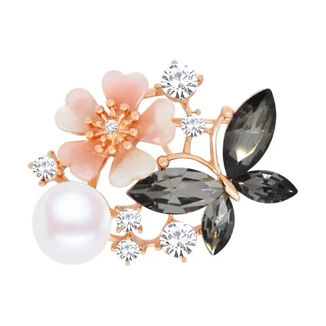 High-grade Crystal Butterfly Flower Brooch Female Pearl Pin Suit Accessories Clothing Accessories