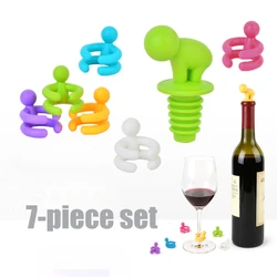 7pieces/set Cute Silicone Doll Wine Cup Mark Ring Glass Goblet Marker Red Wine Bottle Stopper Threaded Wine Plug Bar Accessories