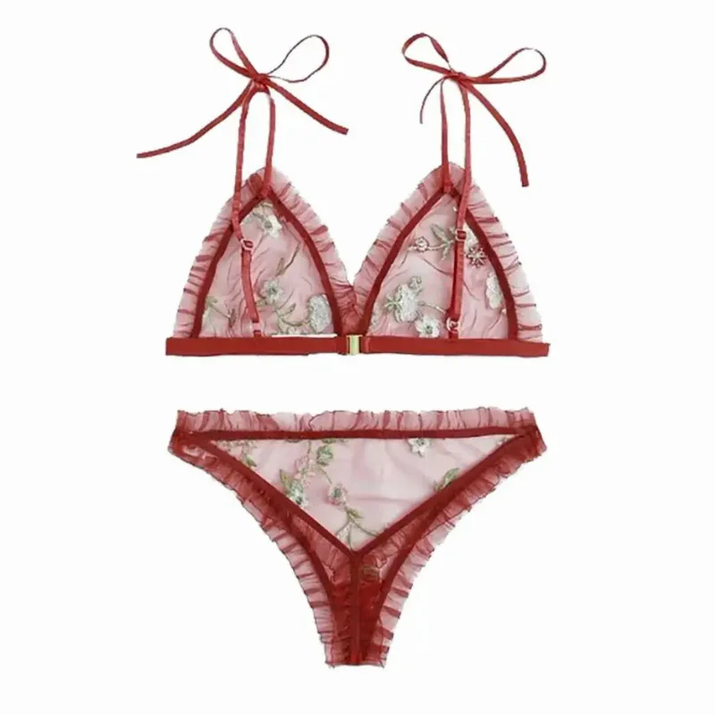 

Sexy See-through Lace Embroidery Mesh Bow Suspenders Underwear Pajamas Set Lingerie Femme Sexy Lingerie For Women Intimo Donna