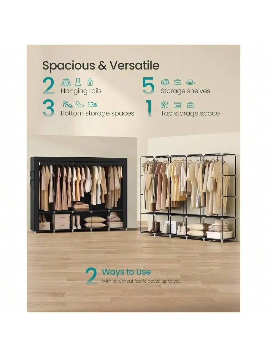 SONGMICS Portable Closet, Wardrobe Closet Organizer With Cover, 5 Hanging Rods And Shelves, 4 Side Pockets, 83 X 17.7 X 65.7