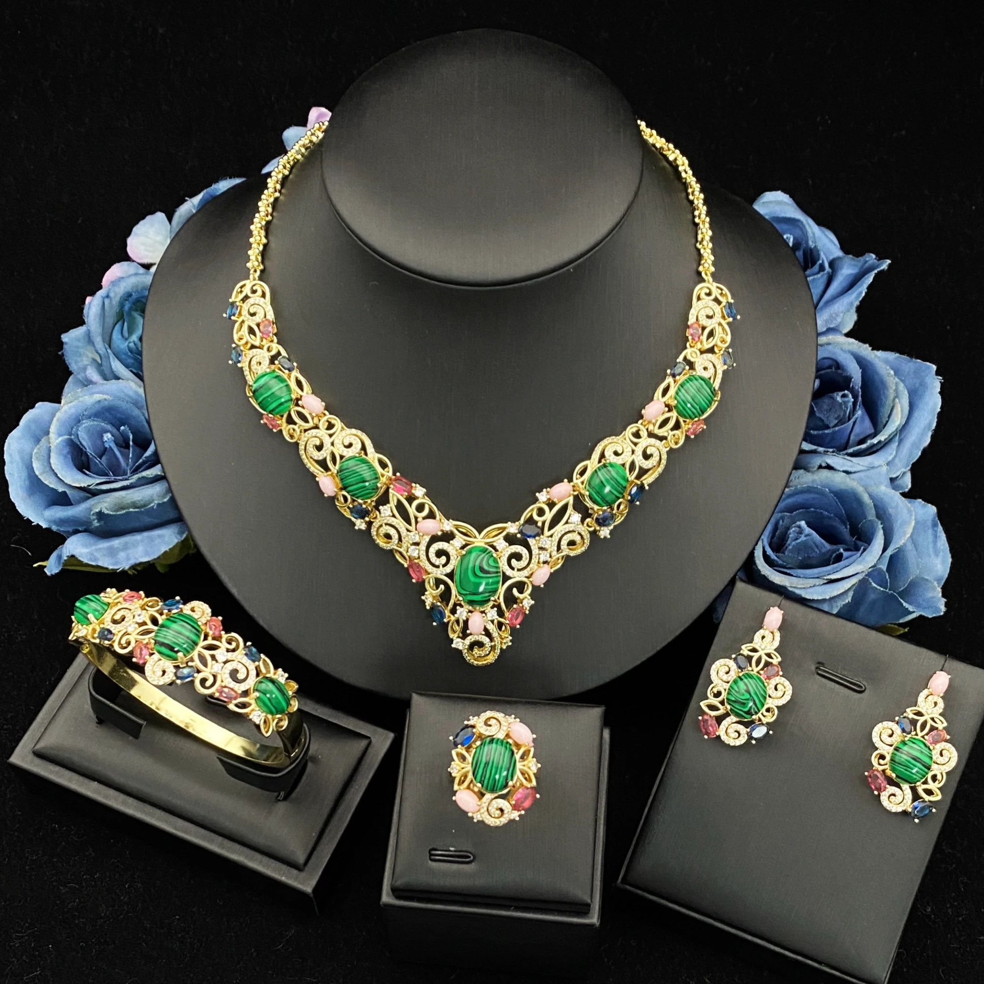 

JRH Women's Gold Plated Copper Zircon Jewelry Set Sparkling Bracelet Ring Necklace Earrings Combo for Party Evening