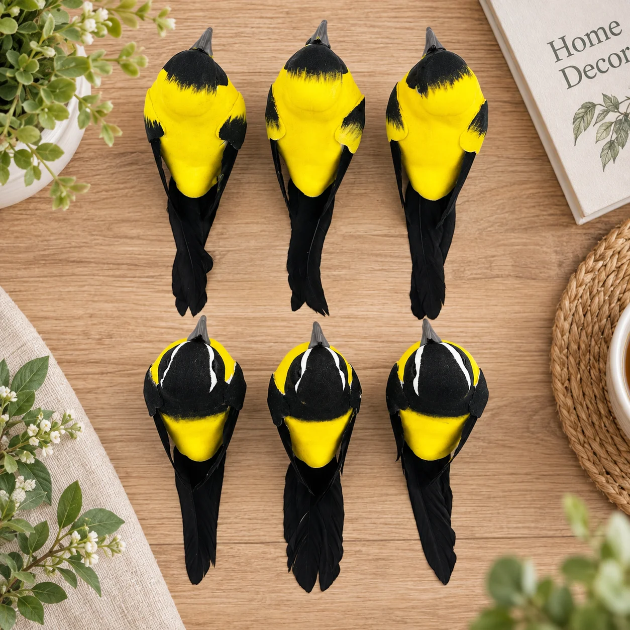 6PCS Artificial Bird Ornaments Decorative Bird Figurines for Home Garden Tree Holiday Display Yellow