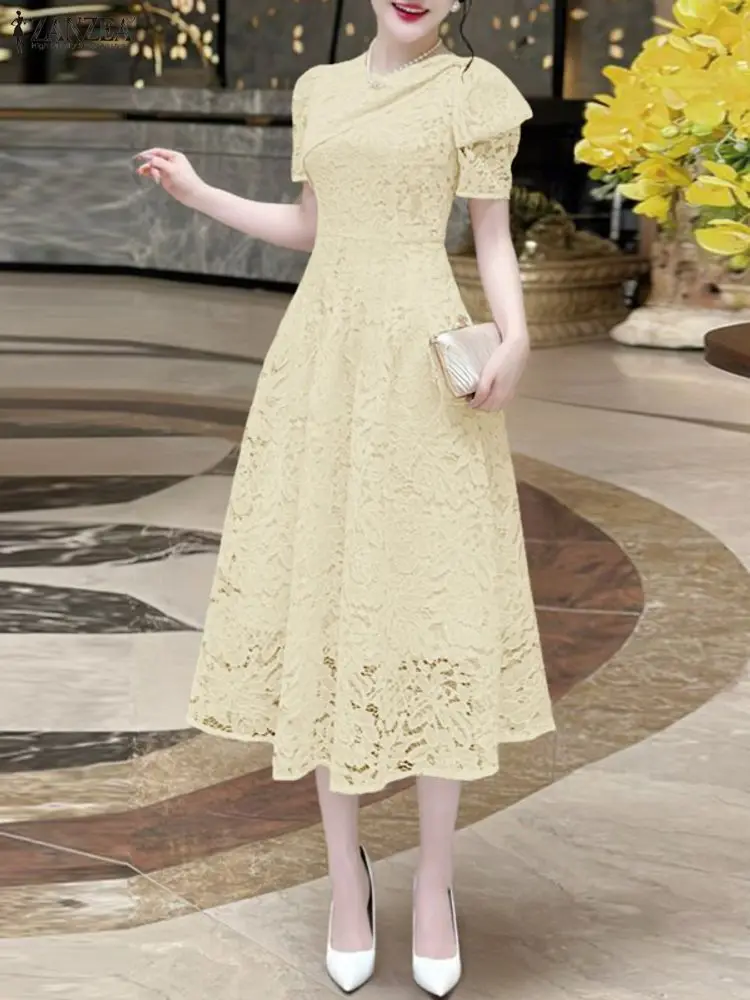 ZANZEA Women Elegant Layered Lace Midi Dresses Fashion O-Neck Short Sleeve Fitted Waist Wedding Guest Dress Woman Clothes S-3XL