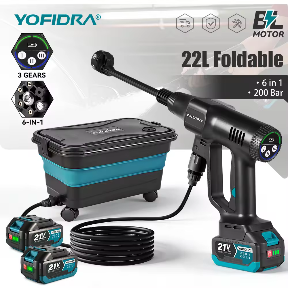 YOFIDRA 200Bar Brushless High Pressure Machine 6 ב-1 ניקוי גינה שטיפת ריסוס אקדח ריסוס עבור מקיטה 21V סוללה פין