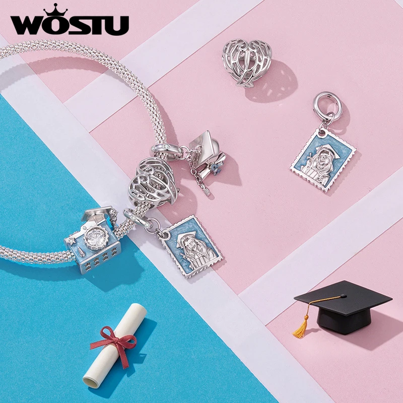 WOSTU DIY Charms Graduation Cap Pendant Camera Heart Wings Beads Fit Original Bracelet Neckalce Wholesale Gift For Girl Friends