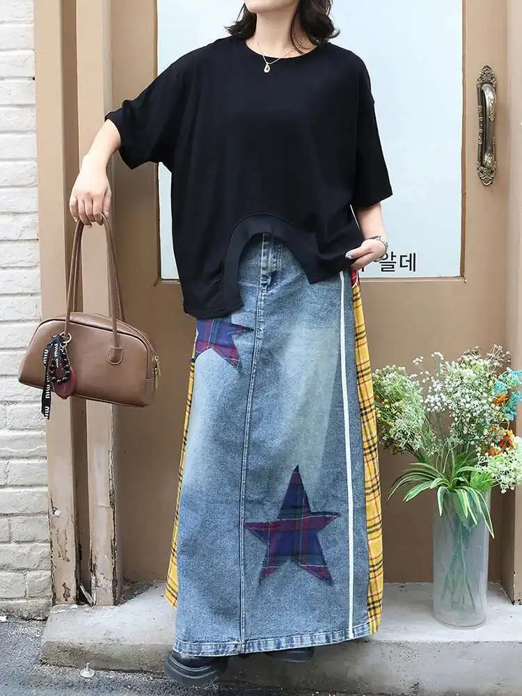 

Women Black Irregular Hem Big Size Casual T-shirt New Round Neck Short Sleeve Fashion Tide Spring Summer