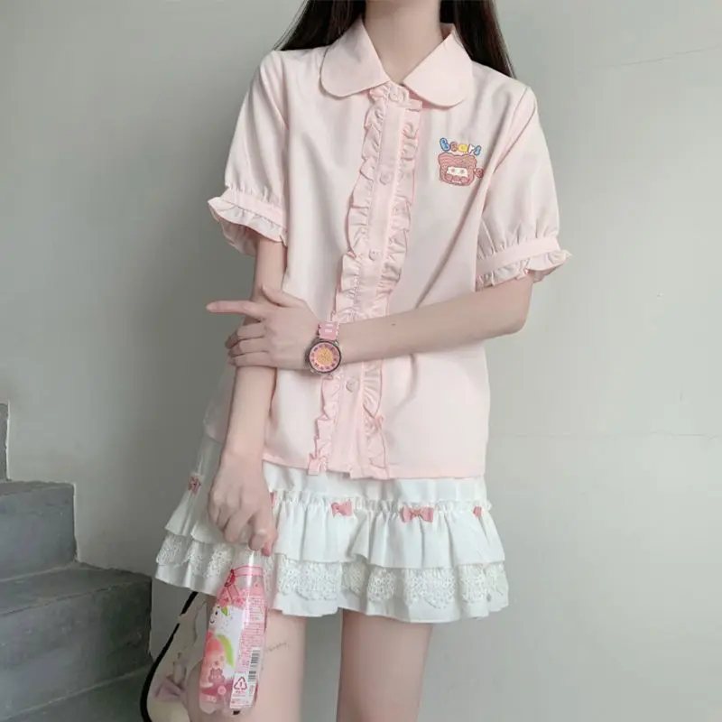 Summer Sweet Kawaii Blouse Lolita Cute Ruffles Elegant Vintage Short Sleeve Shirts Women Embroidery Casual Peter Pan Collar Tops