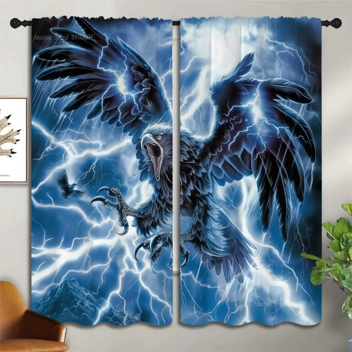 Lightning Bald Eagle Boy Girls Blackout Curtains, Soaring Majestic Eagle Patriotic Bird Wild Wildlife Animal, 2 Panel Rod Pocket