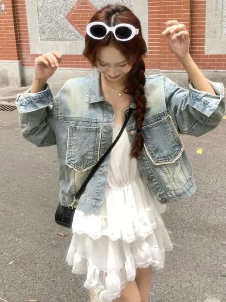 Retro Denim ort Jaet Dames Casual Loose Fit met ket Lente Herfst Veelzijdig Klein formaat Top Katoen Polyestermix