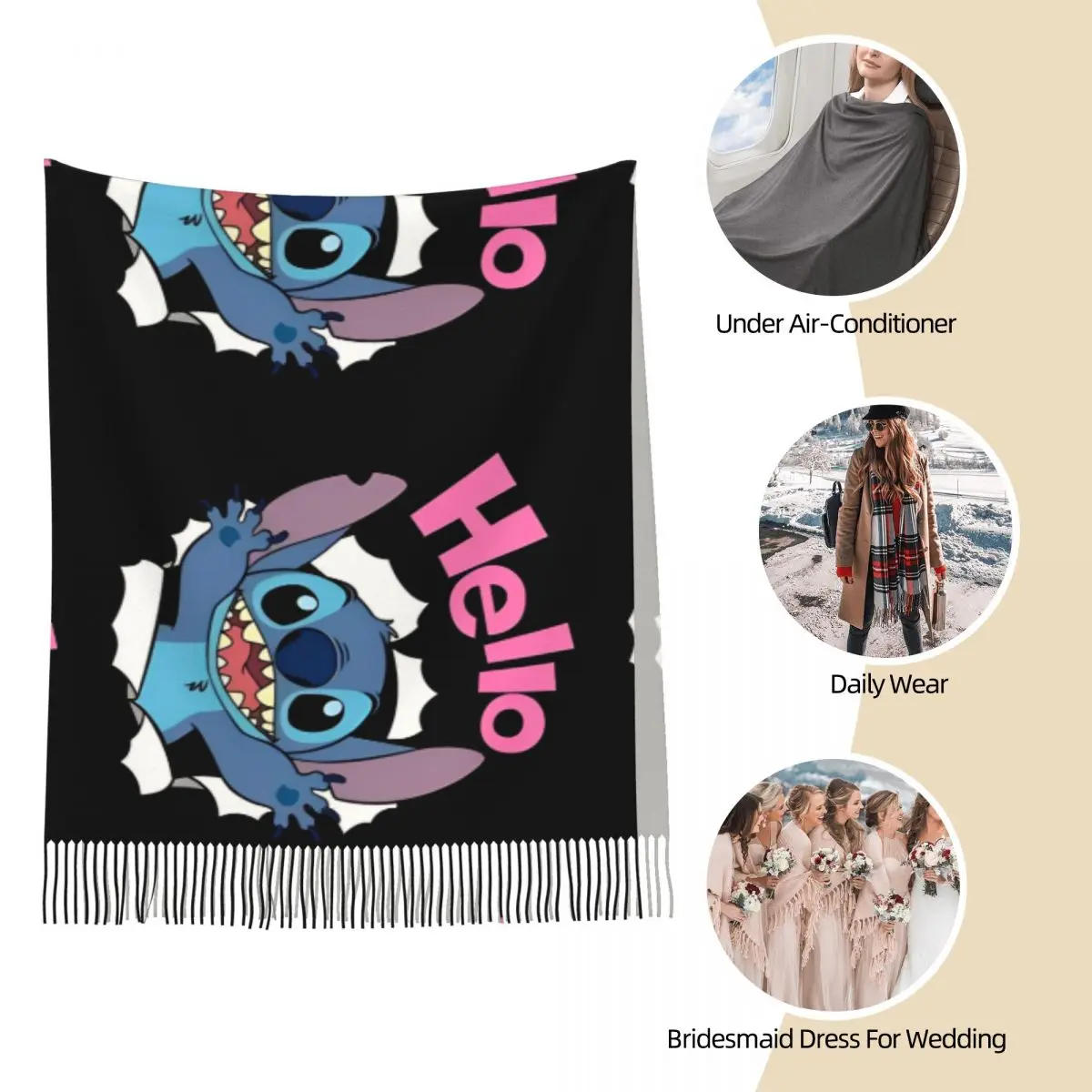 Lilo & Stitch Hello sjaal voor dames winter herfst Pashmina sjaals en wrap cartoon schattige grote sjaals met kwastje dagelijks gebruik