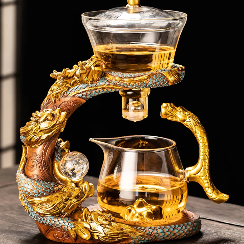 2024 the Year of the Loong new heat-resistant glass semi-automatic tea set household luxury high-end lazy teapot artifact.