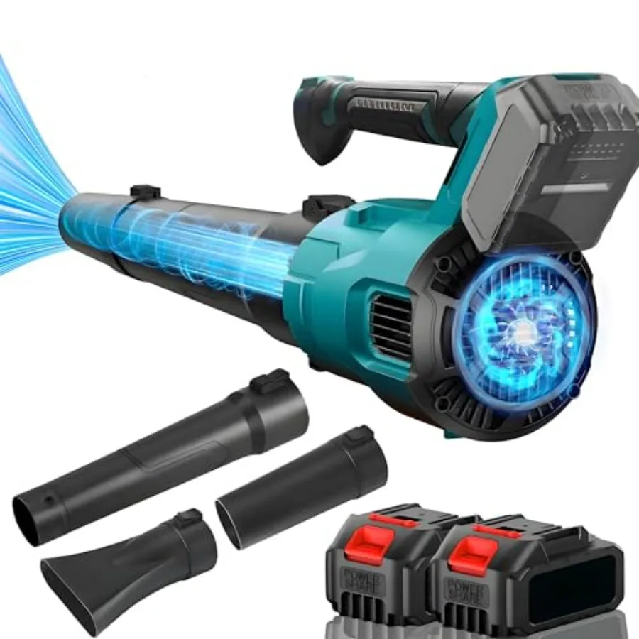 

Беспроводная электрическая воздуходувка для листьев 580CFM/190MPH с бесщеточным двигателем, 2 аккумуляторами и 3 насадками, 25000 об/мин, легкая