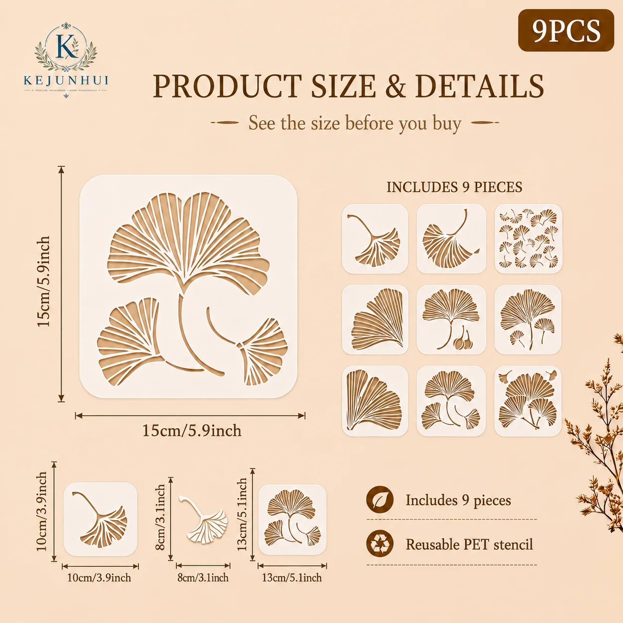 9Pcs 15x15cm Ginkgo Leaf Stencils Reusable PET Stencils for Painting Ginkgo Biloba Pattern Wall Wood Fabric Decor