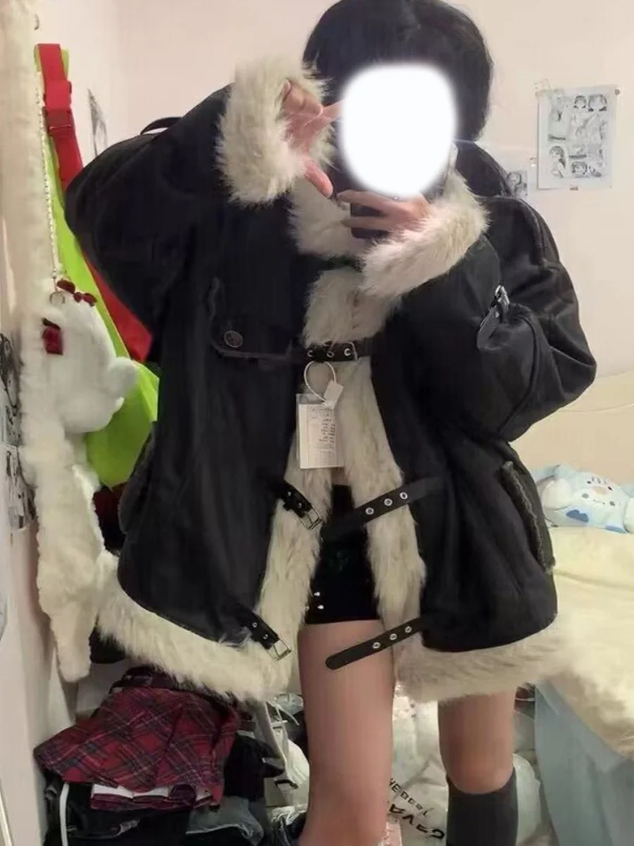 

Американский Sle Ретро Fce Lined Thi Lamb Fur Jaet Мотоциклетная одежда Верхняя одежда Женская новая хлопковая одежда