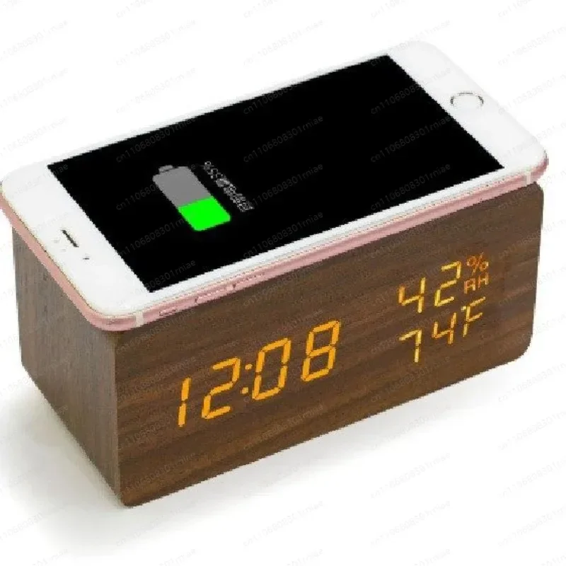 Smart Wireless Charging Clock Thermohygrometer Electronic Alarm Clock LED Digital Wooden Electronic