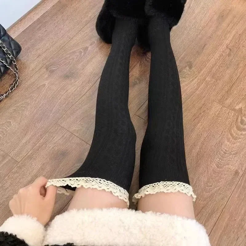 Japanese JK Lace Socks Lolita Lace Stockings Women Knitted Pattern Girls Cute Elegant Solid Color Winter Warmer Floor Hosiery