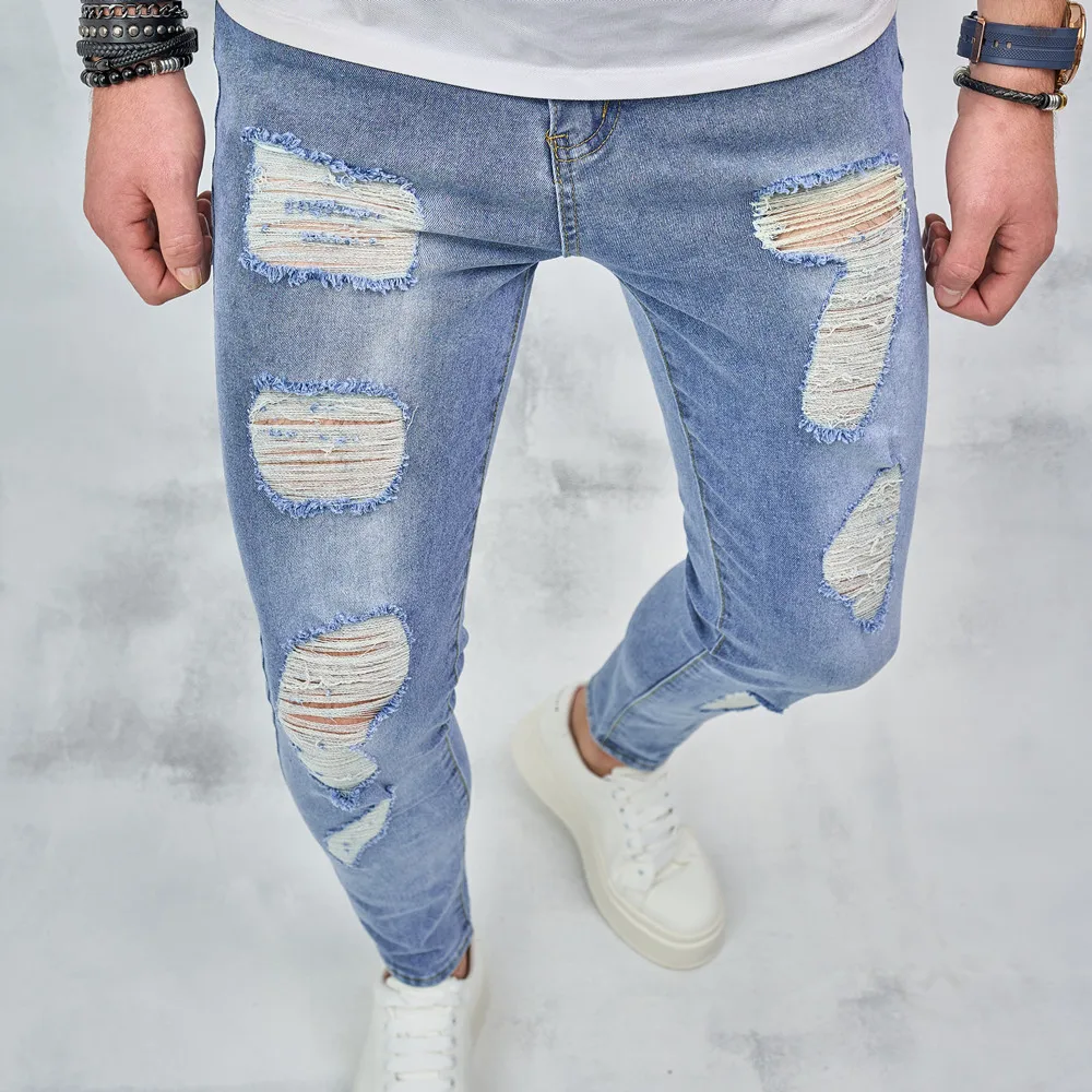 Fashion Skinny Holes Beggar Jeans Men Good Quality Slim Distressed Jogging Biker Denim Pants Male Clothing