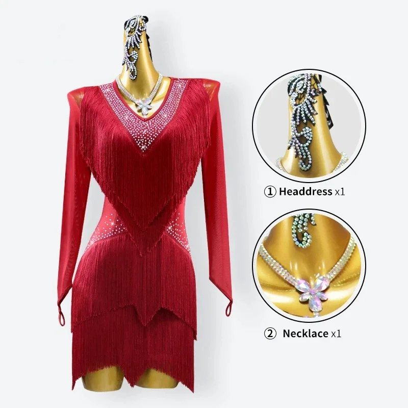 Red Latin Dance Dress Party Dress Women's Sexy Set Sportswear Competition Dress Stage Performance Ball Girl Tassel Skirt