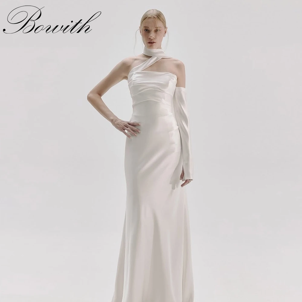

Bowith Satin Korean Wedding Dresses Customized Floor-Length Elegant Evening Dresses Detachable Sleeves Strapless Party Dress
