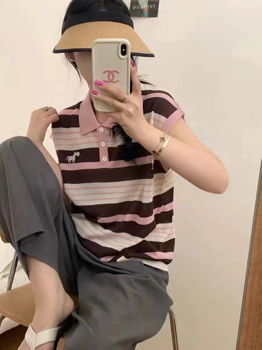 

2024 Spring/Summer Hot selling Pony Short Sleeve Versatile Comfortable Knitted Bottom Shirt Small Shirt Summer Stripe T-shirt