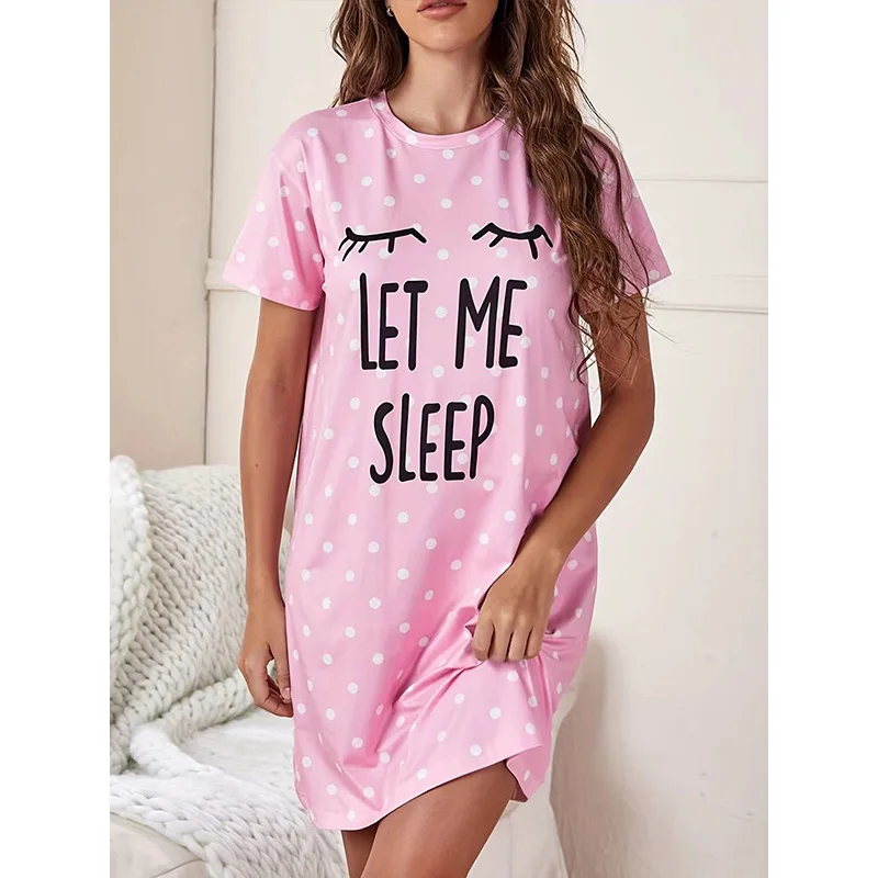 

New 2025 Summer Short Sleeved Nightgown Medium to Long Length Printed Polka Dot Letter Dress Home Wear Sleepwear Women's