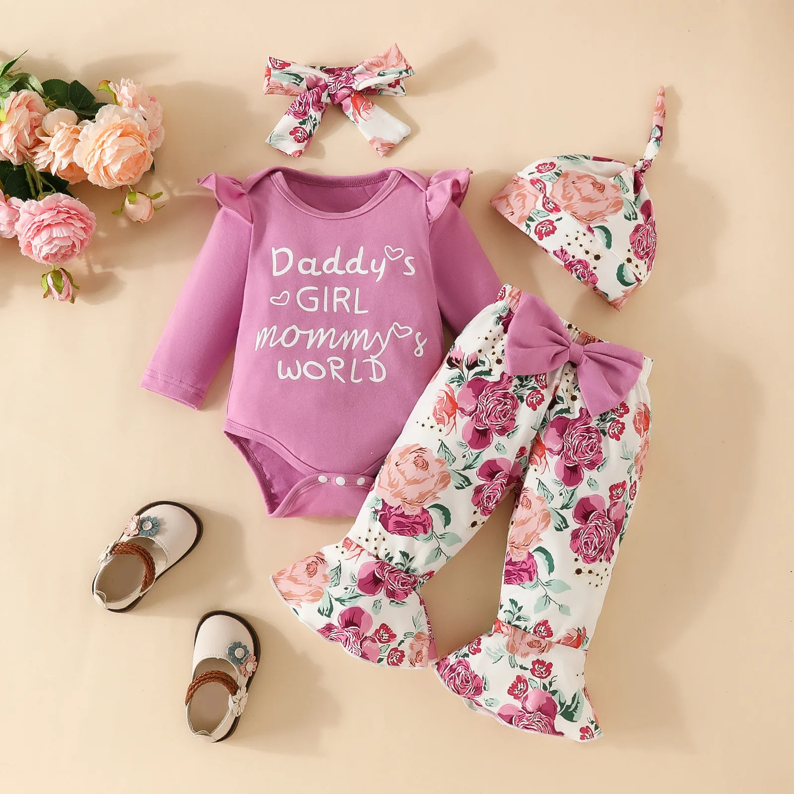 4Pcs Newborn Baby Clothes Girls Cotton Ruffle Letter Romper+Pants+Hairband+Hat Set Infant Baby Outfit Girls Clothing 3 6 12 24M