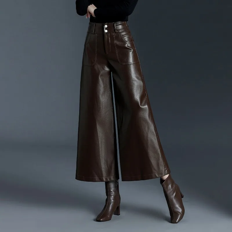 

Брюки женские из искусственной кожи на флисе, осень-зима 2026, коричневые, утепленные, широкие, с высокой талией, свободные, повседневные, длиной до щиколотки