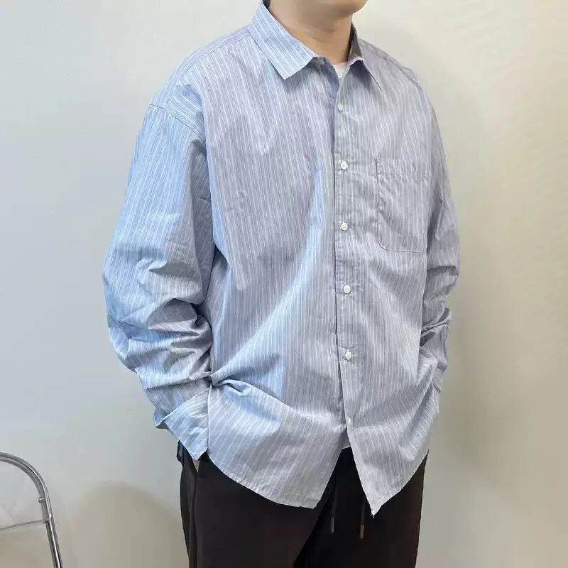 Japanese Style Blue Striped Men's Loose Silhouette Cityboy Shirts New Arrival