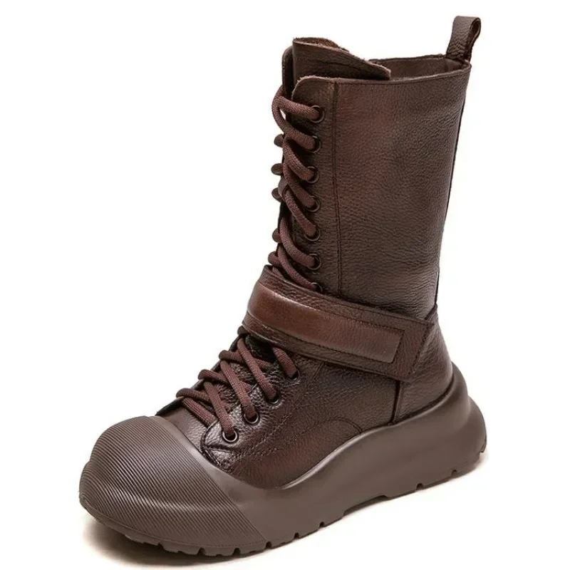 

5CM Luxury Design Genuine Cow Leather Mid Calf Boots Women Handmade Retro Style Chunky Platform Wedges Heel Casual Boots
