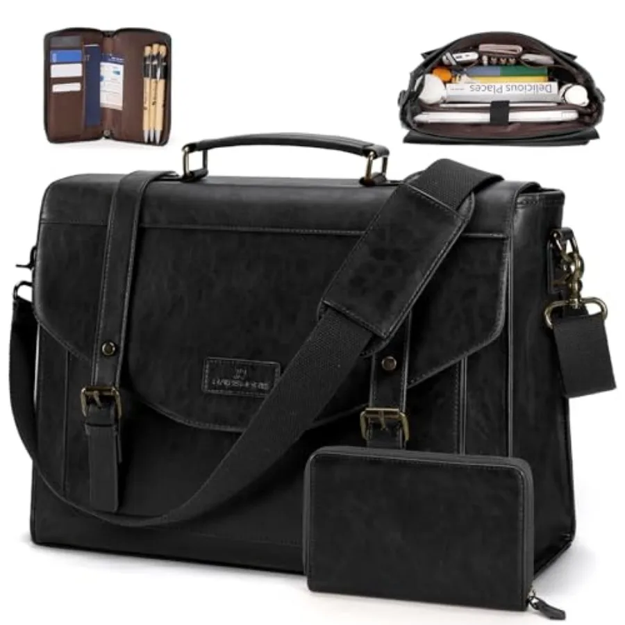 Flap Messenger Bag for Men Vintage PU Leather Laptop Bag 15.6 Inch Retro Briefcase with Wallet Satchel Computer Bag