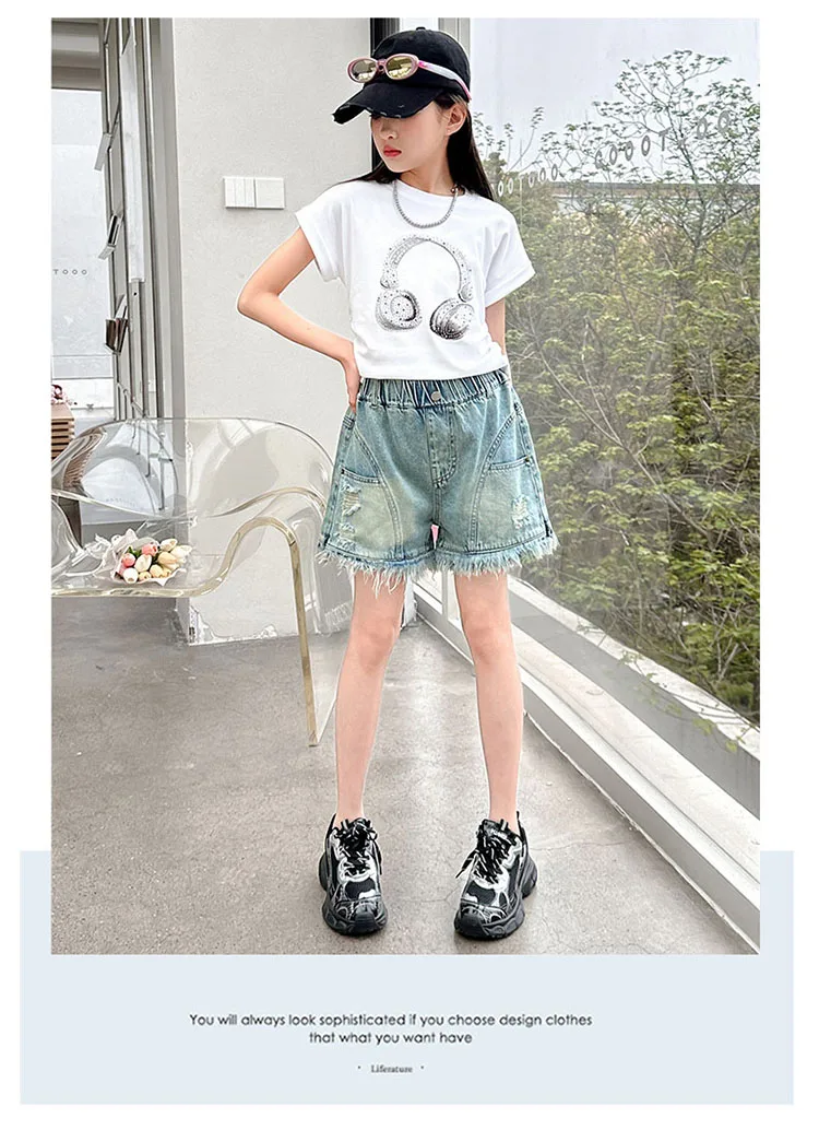 Neue Sommer-Jeansshorts im Vintage-Stil mit rohem Saum für Mädchen im Teenageralter, coole Streetwear-Shorts, Kinder-Denim-Shorts im Used-Look – Detail 5