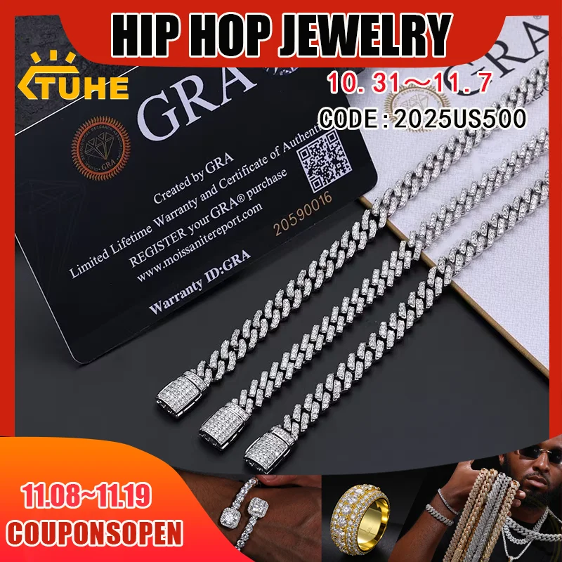 TUHE Unisex VVS1 D Color Moissanite 6mm Cuban Chain Bracelet  S925 Silver For Men Hip Hop Jewelry