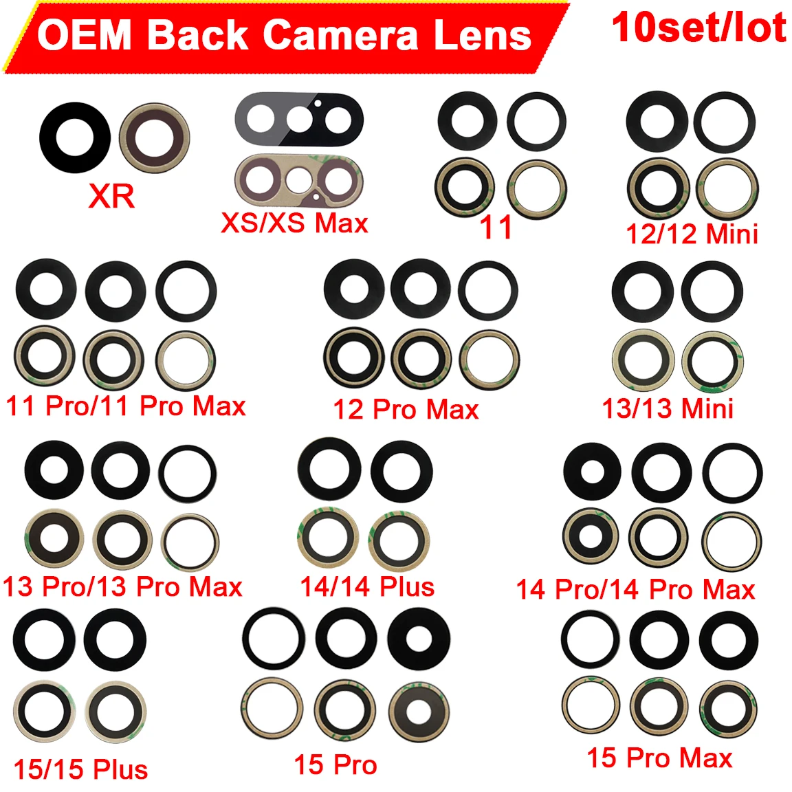 10Set OEM Back Camera Glass Lens for iPhone XR XS MAX 11 12 13 Mini 14 15 Plus Pro Max Main Cam Cover Lens Pre-installed Sticker