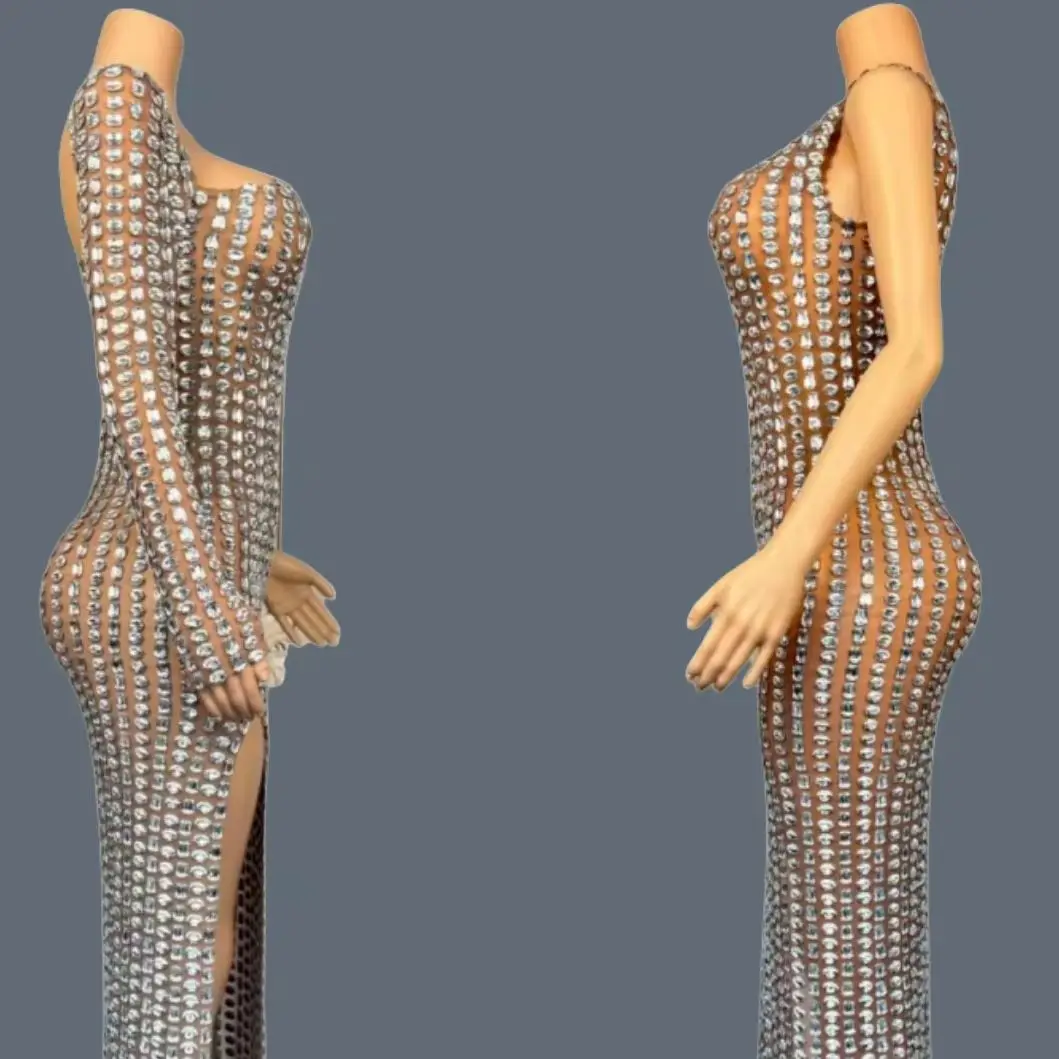 

Full Crystals Sparkly One Shoulder High Side Slits See Through Mesh Evening Dress Festival Celebrate Luxury Sexy Couture Hujia