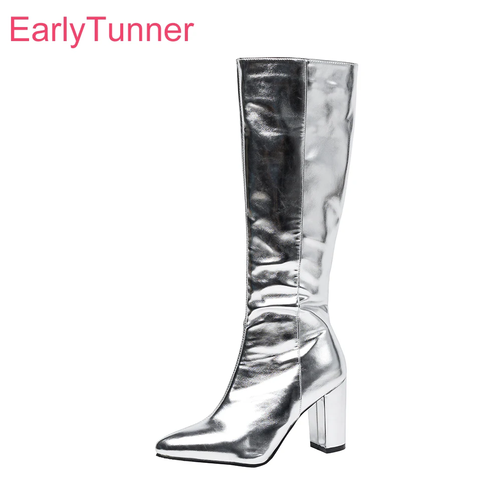 2024 Winter Glamour Silver Gold Women Knee High Boots Pointed Toe High Heels Lady Party Shoes Plus Small Big Size 32 43 46