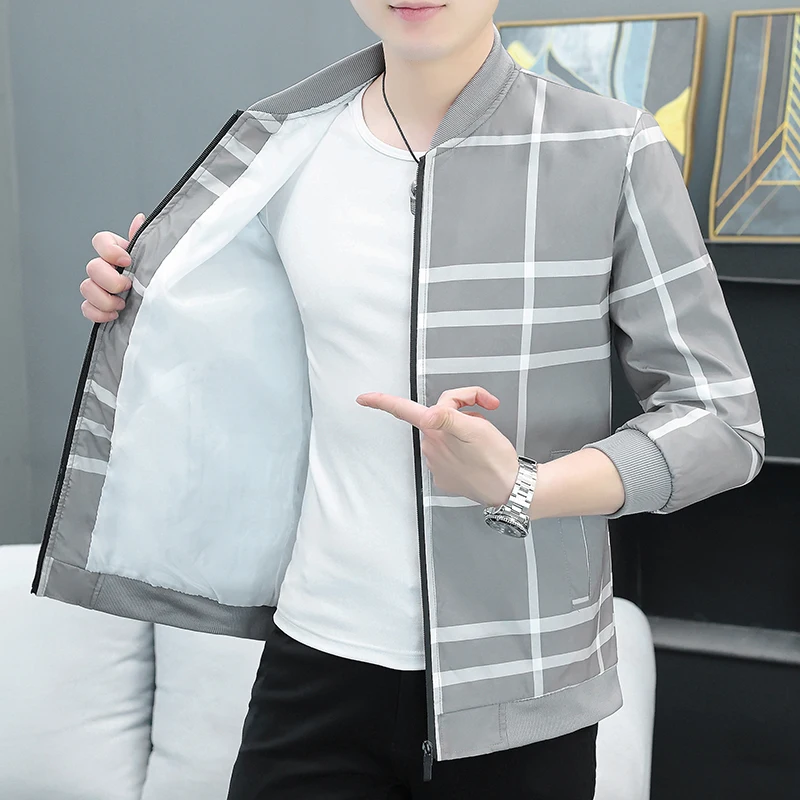 

Slim Fit Plaid Jaet for Men Spring Autumn Korean Sle Casual Stand Collar Youth Faion Outerwear Breathable Polyester