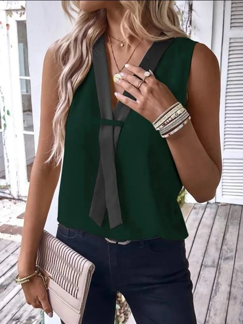 Elegant Women\'s Blouse Tees 2023 Summer Fashionable Style V-Neck Panel Sleeveless Top Lady Shirt S-XXXL